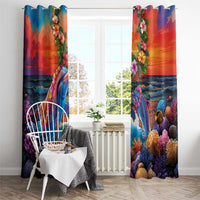 Hawaiian Lei Day Window Curtain Dolphins with Colorful Corals and Romantic Sunset