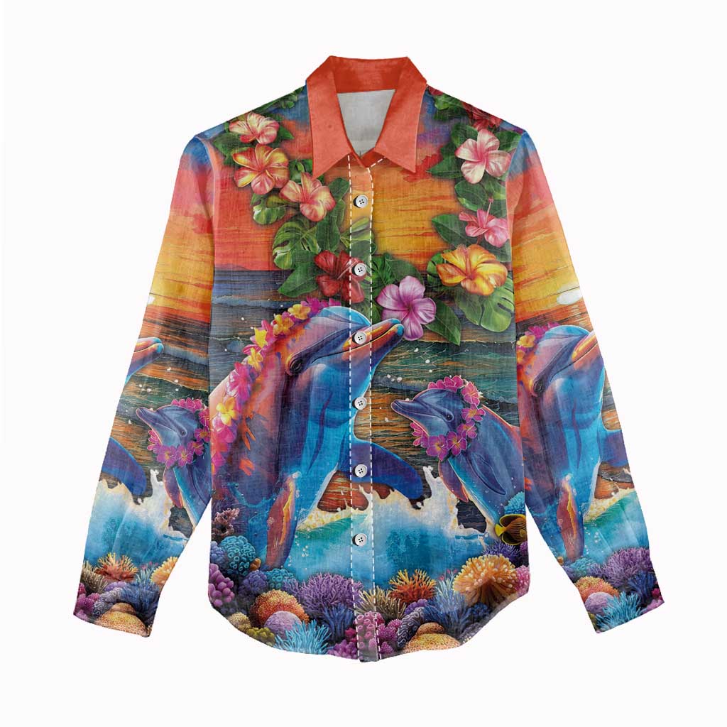 Hawaiian Lei Day Women Casual Shirt Dolphins with Colorful Corals and Romantic Sunset