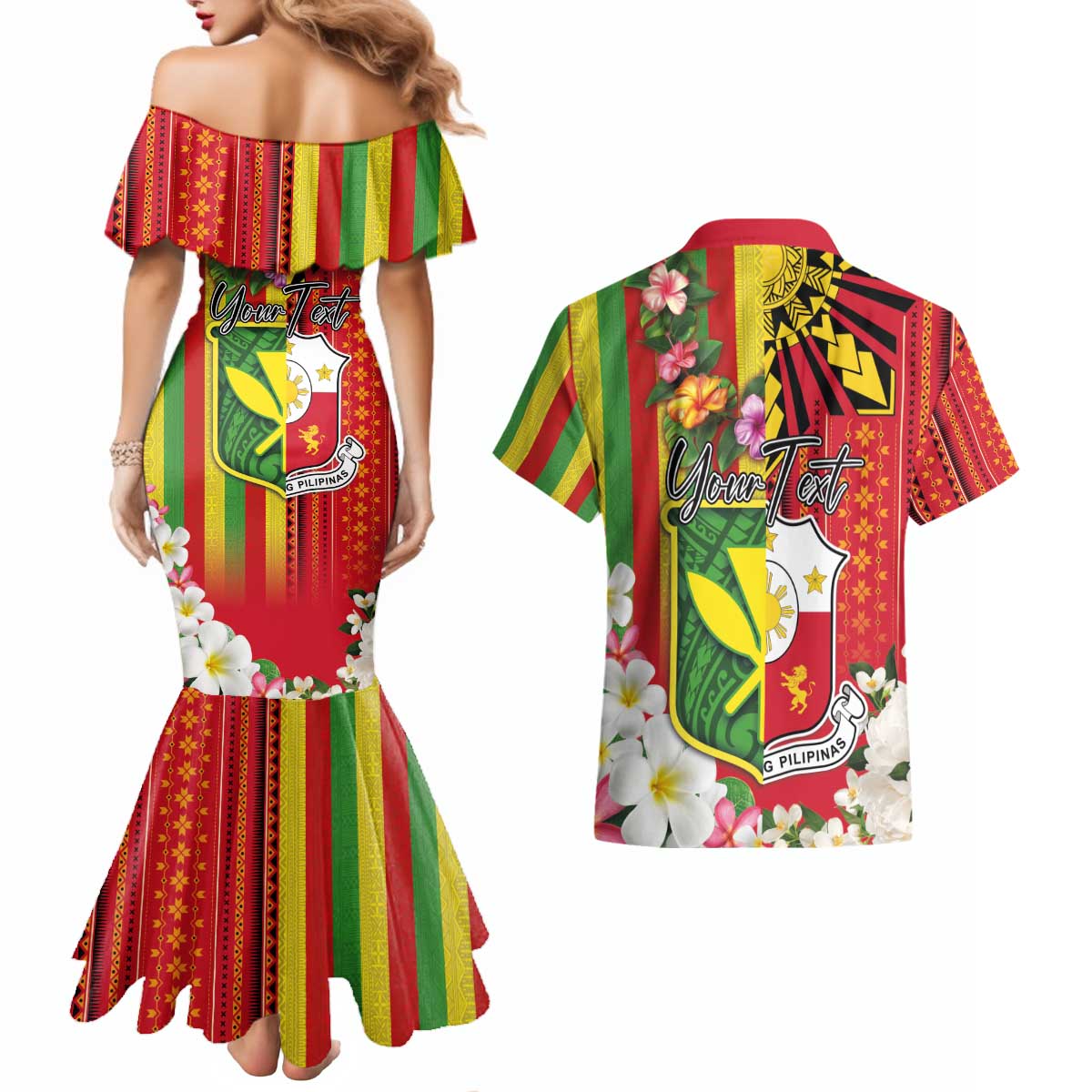 Personalised Hawaii and Philippines Together Couples Matching Mermaid Dress and Hawaiian Shirt The Emblems with Cultural Symbols Green-Yellow-Red Tricolor LT03 - Polynesian Pride