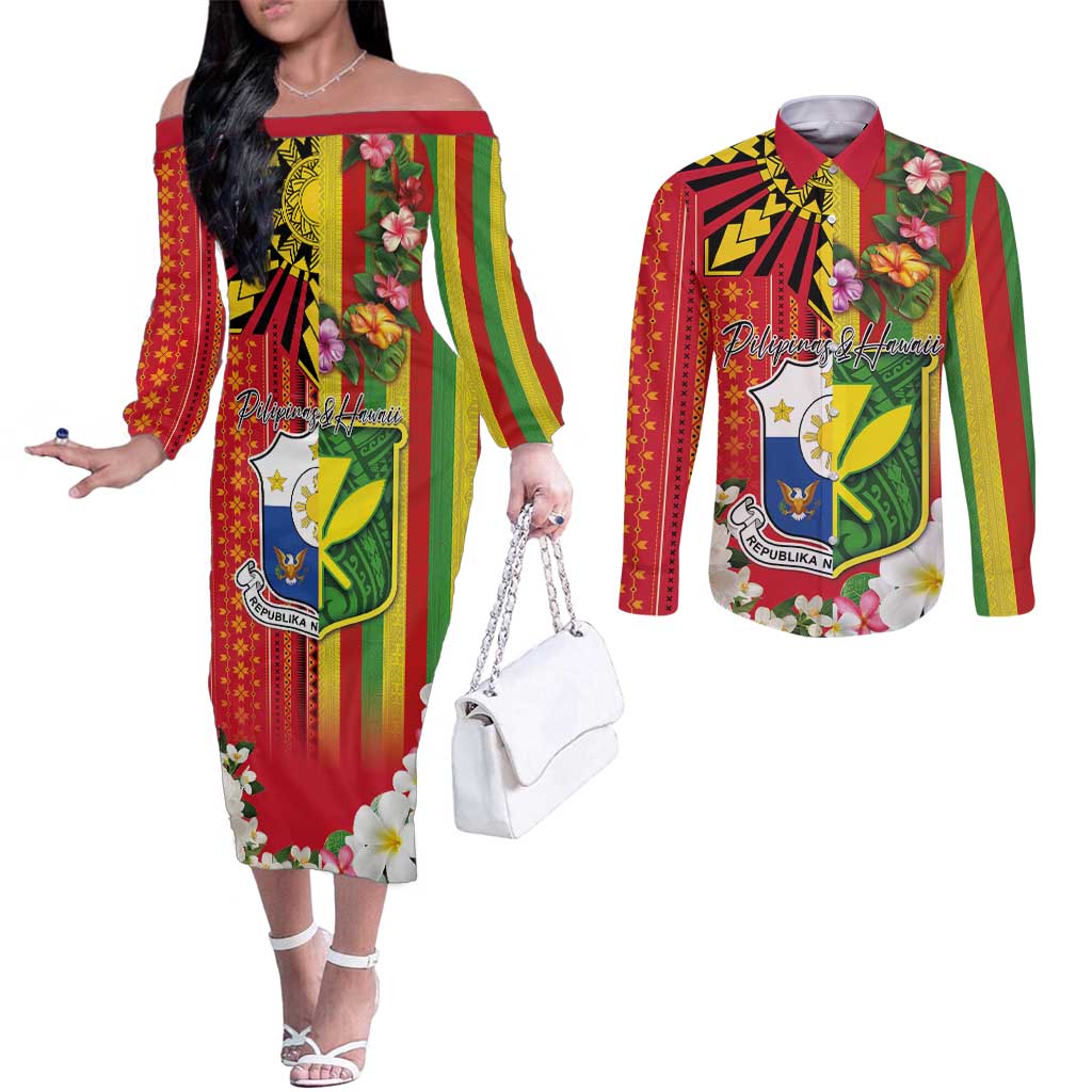 Personalised Hawaii and Philippines Together Couples Matching Off The Shoulder Long Sleeve Dress and Long Sleeve Button Shirt The Emblems with Cultural Symbols Green-Yellow-Red Tricolor LT03 Art - Polynesian Pride