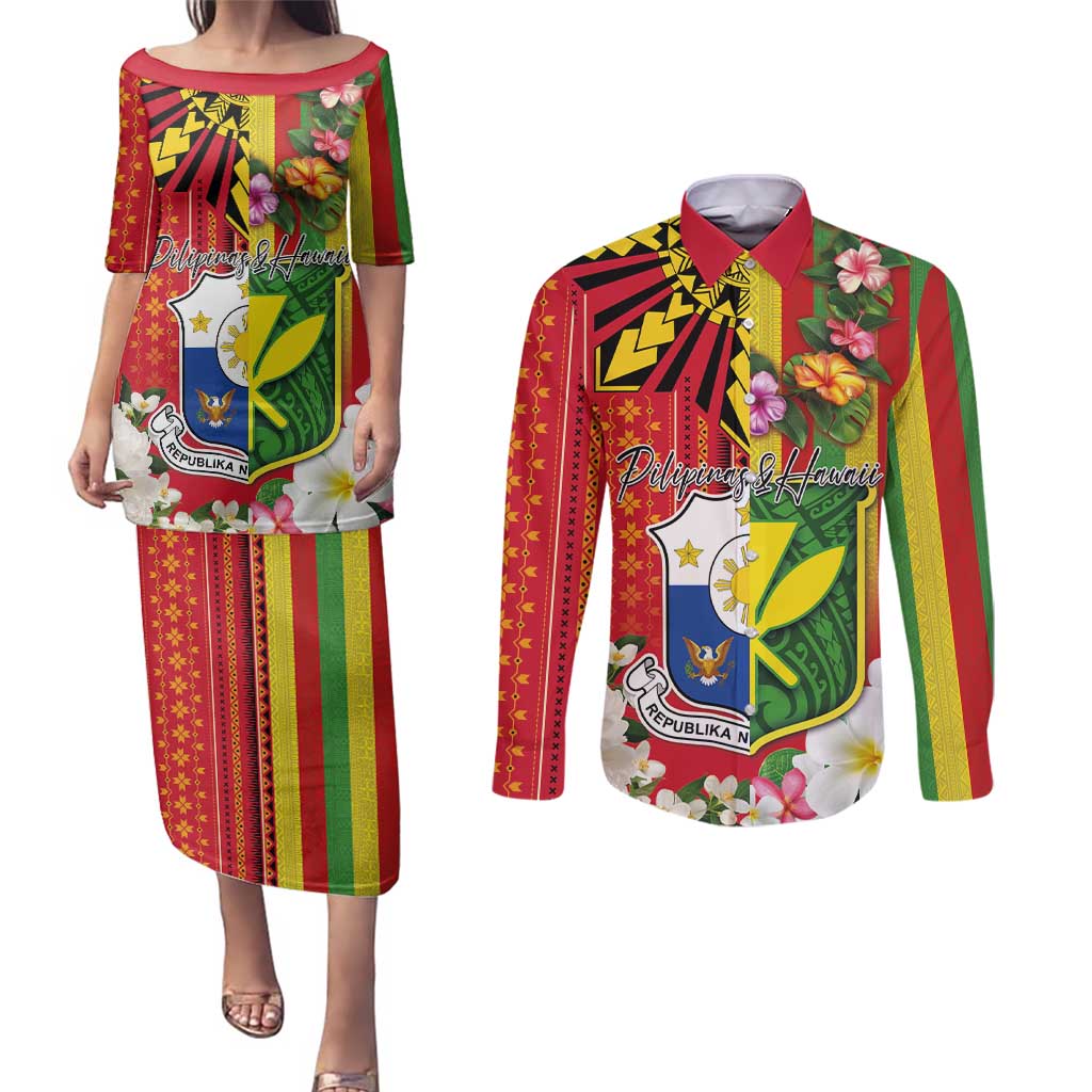 Personalised Hawaii and Philippines Together Couples Matching Puletasi and Long Sleeve Button Shirt The Emblems with Cultural Symbols Green-Yellow-Red Tricolor LT03 Art - Polynesian Pride