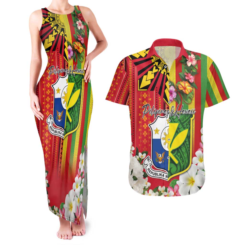 Personalised Hawaii and Philippines Together Couples Matching Tank Maxi Dress and Hawaiian Shirt The Emblems with Cultural Symbols Green-Yellow-Red Tricolor LT03 Art - Polynesian Pride