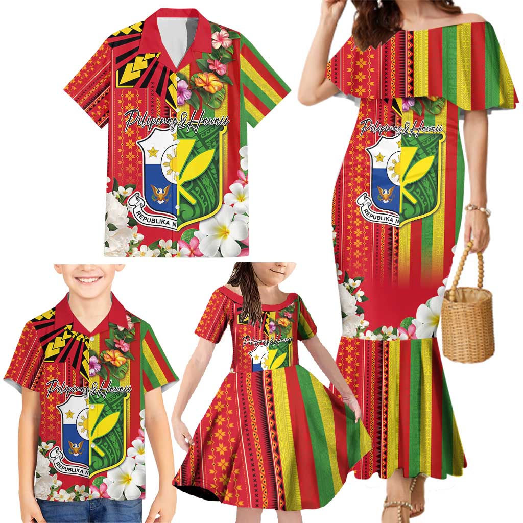Personalised Hawaii and Philippines Together Family Matching Mermaid Dress and Hawaiian Shirt The Emblems with Cultural Symbols Green-Yellow-Red Tricolor LT03 - Polynesian Pride