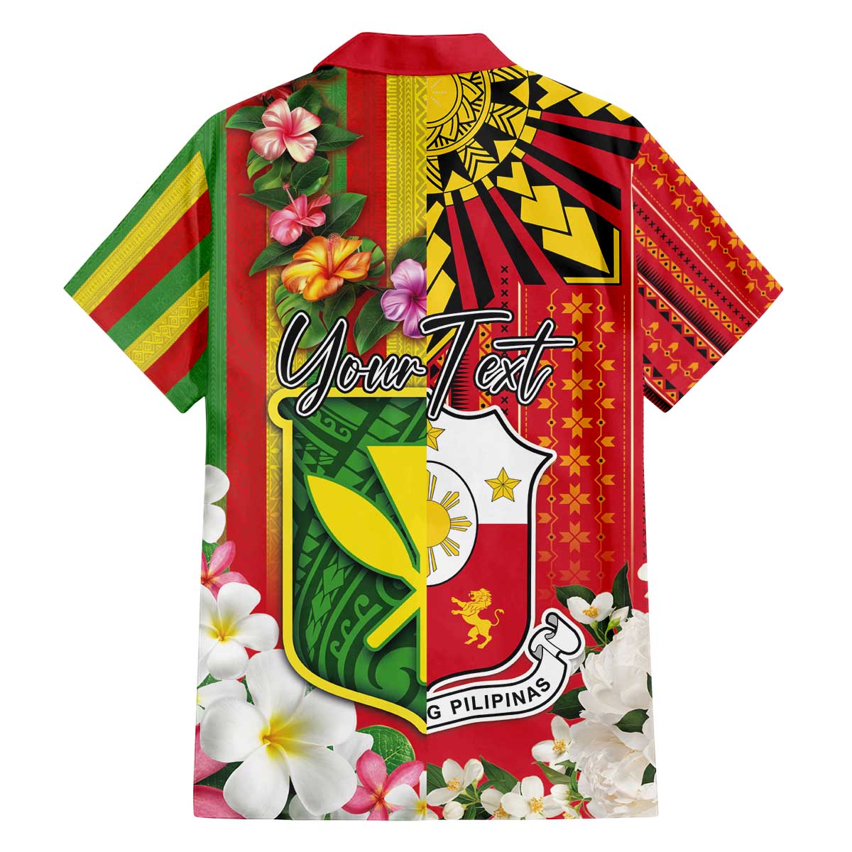 Personalised Hawaii and Philippines Together Family Matching Off The Shoulder Long Sleeve Dress and Hawaiian Shirt The Emblems with Cultural Symbols Green-Yellow-Red Tricolor