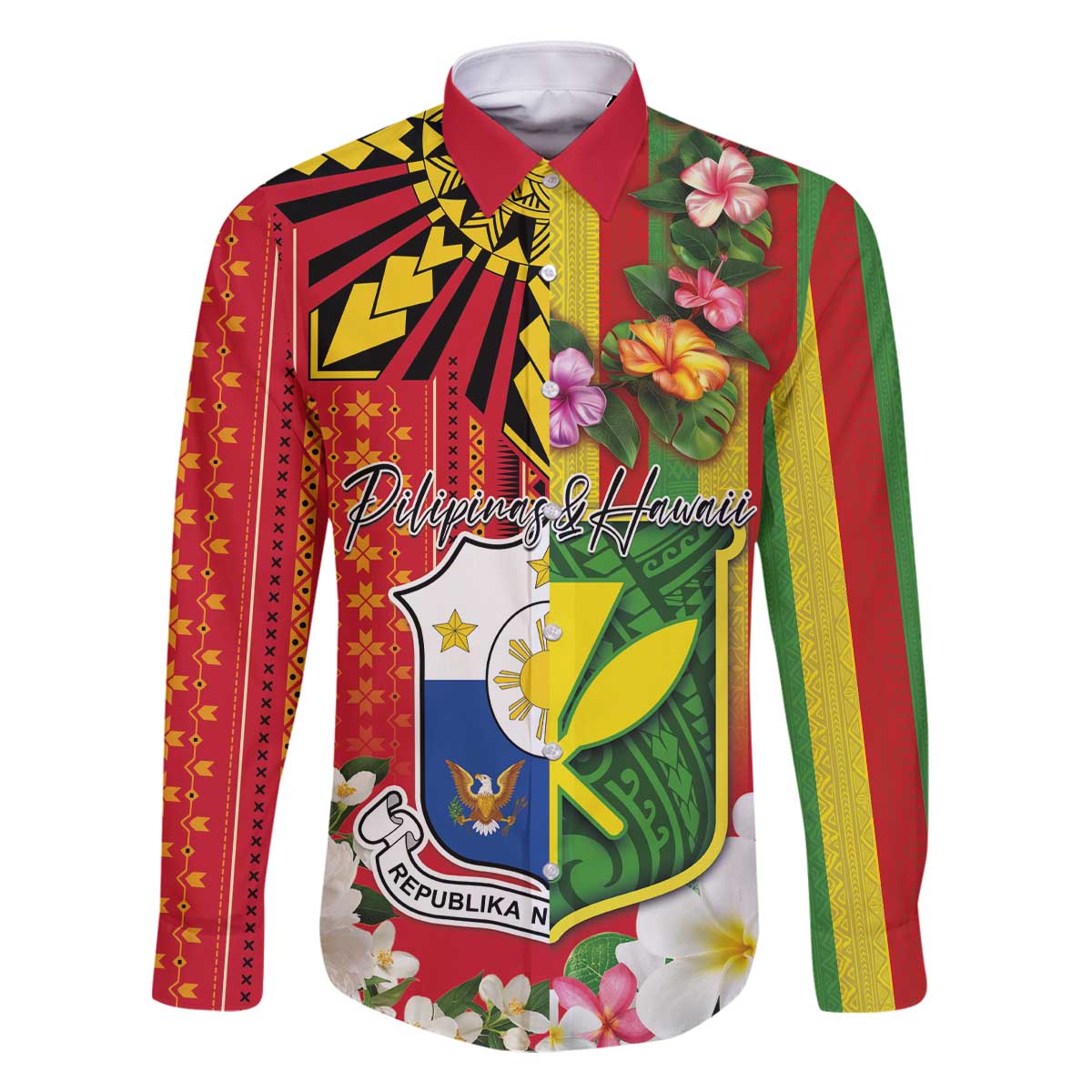 Personalised Hawaii and Philippines Together Family Matching Off The Shoulder Long Sleeve Dress and Hawaiian Shirt The Emblems with Cultural Symbols Green-Yellow-Red Tricolor