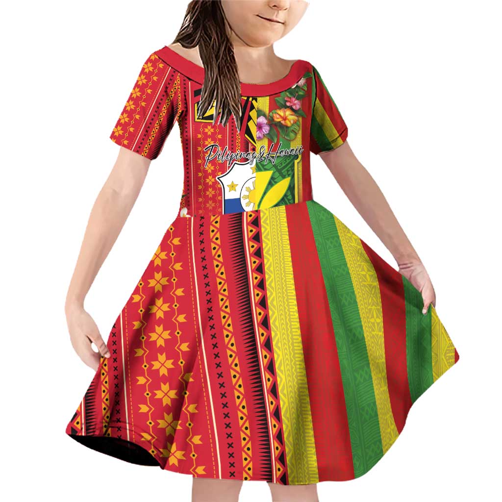 Personalised Hawaii and Philippines Together Family Matching Off Shoulder Short Dress and Hawaiian Shirt The Emblems with Cultural Symbols Green-Yellow-Red Tricolor LT03 Daughter's Dress Art - Polynesian Pride