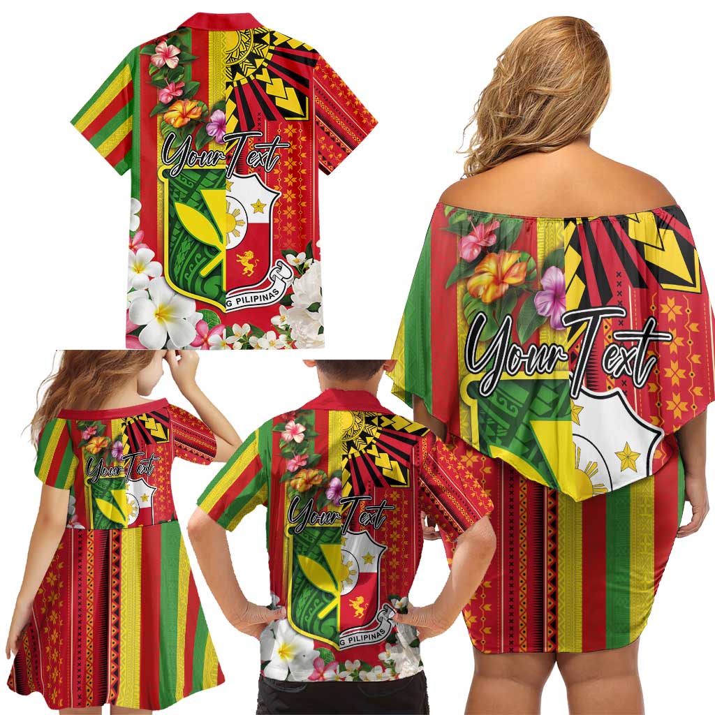 Personalised Hawaii and Philippines Together Family Matching Off Shoulder Short Dress and Hawaiian Shirt The Emblems with Cultural Symbols Green-Yellow-Red Tricolor LT03 - Polynesian Pride
