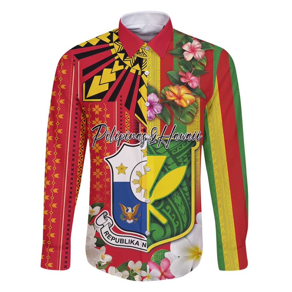 Personalised Hawaii and Philippines Together Family Matching Off Shoulder Short Dress and Hawaiian Shirt The Emblems with Cultural Symbols Green-Yellow-Red Tricolor LT03 Dad's Shirt - Long Sleeve Art - Polynesian Pride