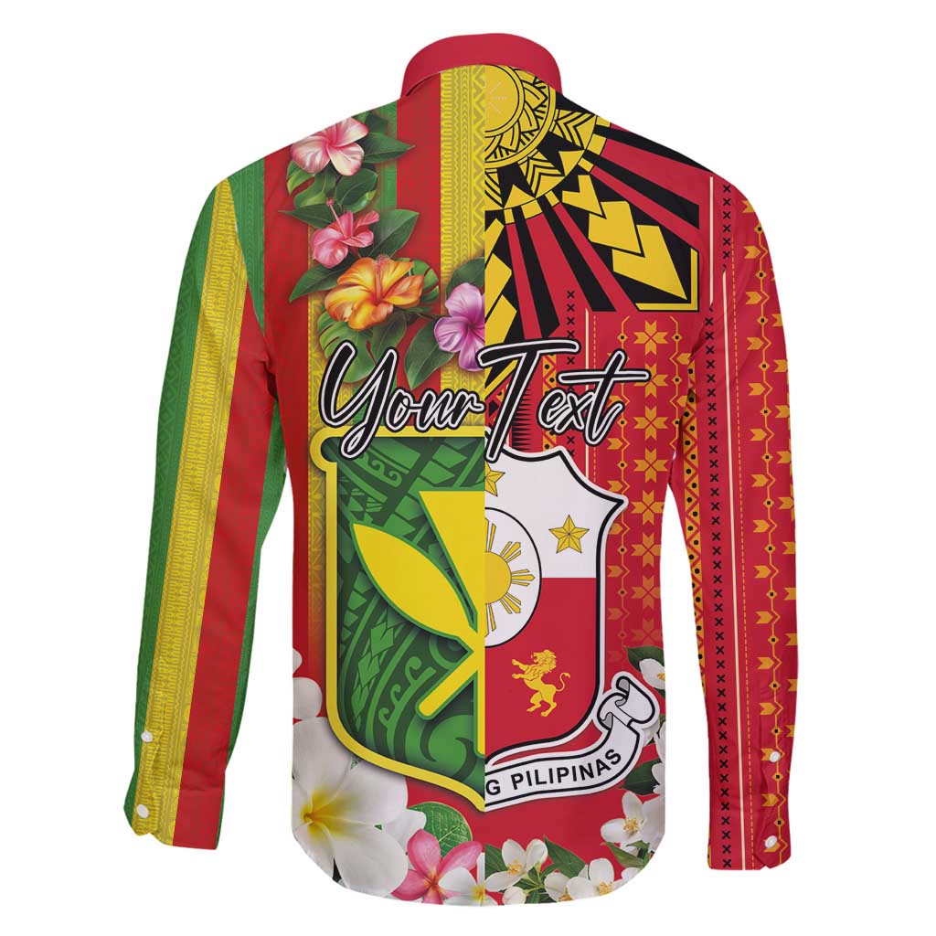 Personalised Hawaii and Philippines Together Family Matching Off Shoulder Short Dress and Hawaiian Shirt The Emblems with Cultural Symbols Green-Yellow-Red Tricolor LT03 - Polynesian Pride
