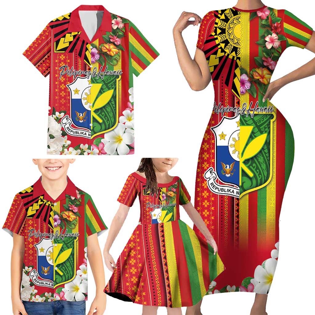 Personalised Hawaii and Philippines Together Family Matching Short Sleeve Bodycon Dress and Hawaiian Shirt The Emblems with Cultural Symbols Green-Yellow-Red Tricolor LT03 - Polynesian Pride