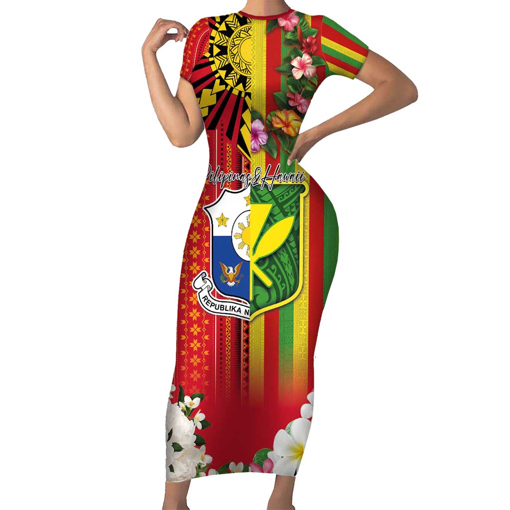 Personalised Hawaii and Philippines Together Family Matching Short Sleeve Bodycon Dress and Hawaiian Shirt The Emblems with Cultural Symbols Green-Yellow-Red Tricolor LT03 Mom's Dress Art - Polynesian Pride