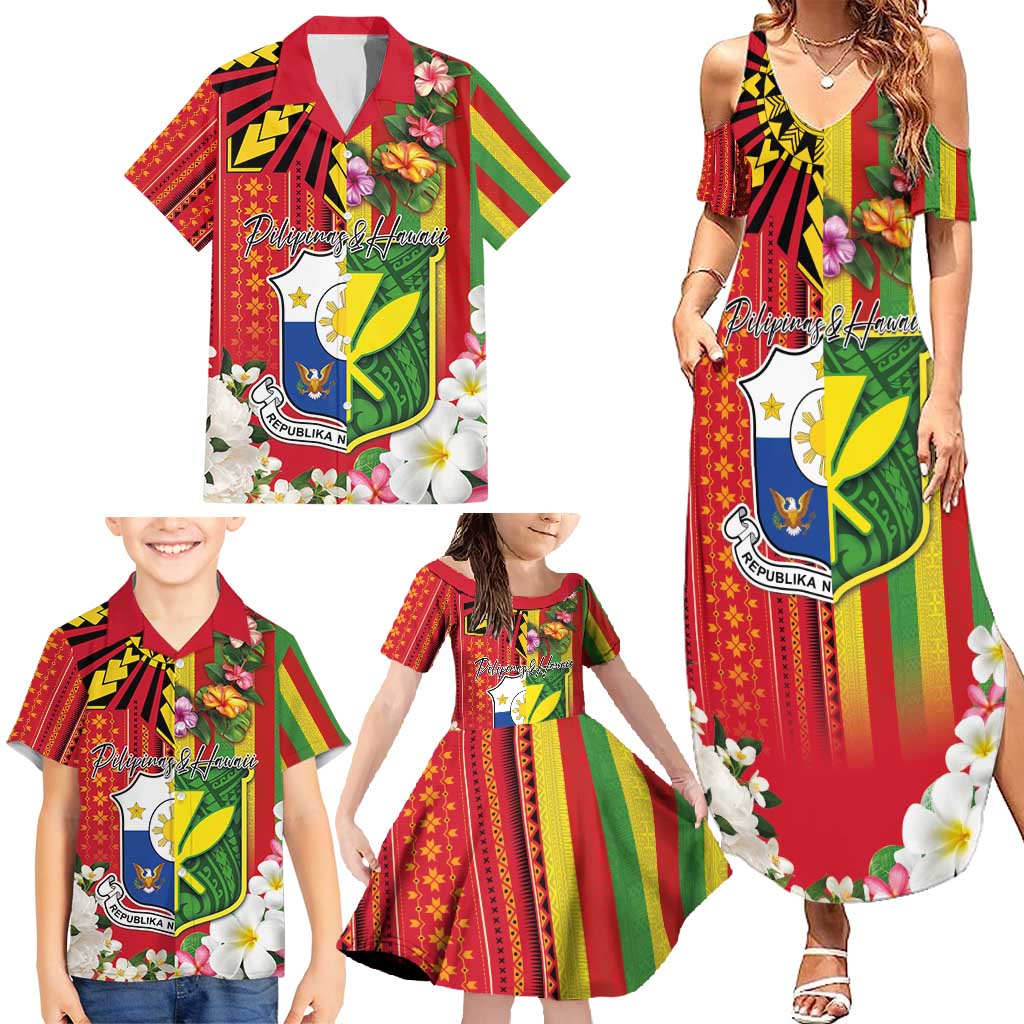 Personalised Hawaii and Philippines Together Family Matching Summer Maxi Dress and Hawaiian Shirt The Emblems with Cultural Symbols Green-Yellow-Red Tricolor LT03 - Polynesian Pride