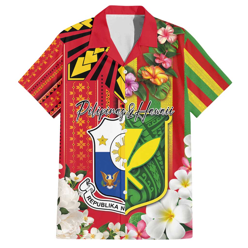 Personalised Hawaii and Philippines Together Family Matching Summer Maxi Dress and Hawaiian Shirt The Emblems with Cultural Symbols Green-Yellow-Red Tricolor LT03 Dad's Shirt - Short Sleeve Art - Polynesian Pride