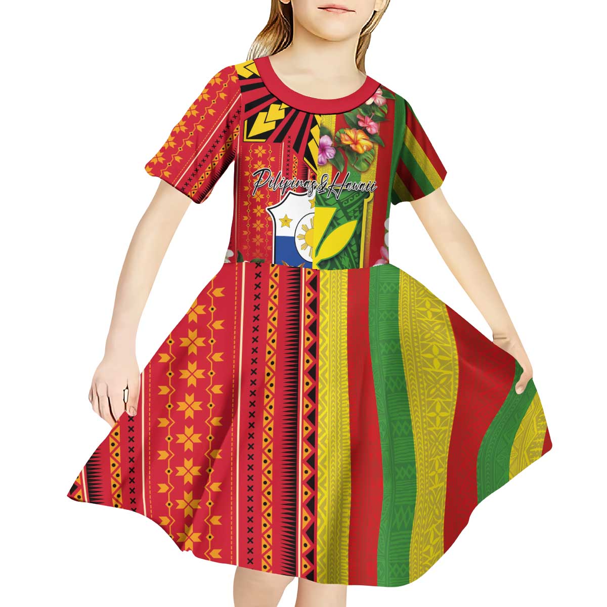 Personalised Hawaii and Philippines Together Kid Short Sleeve Dress The Emblems with Cultural Symbols Green-Yellow-Red Tricolor LT03 - Polynesian Pride