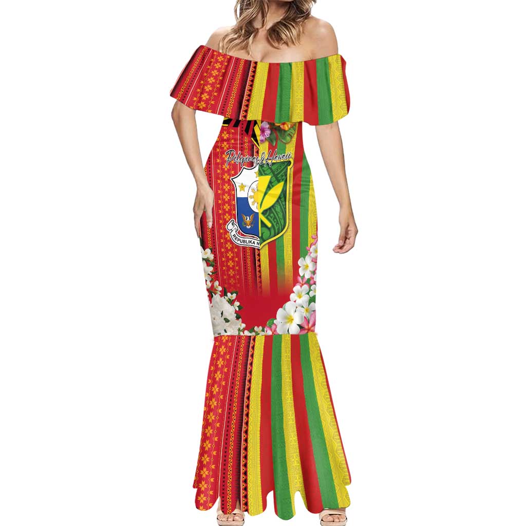 Personalised Hawaii and Philippines Together Mermaid Dress The Emblems with Cultural Symbols Green-Yellow-Red Tricolor LT03 - Polynesian Pride