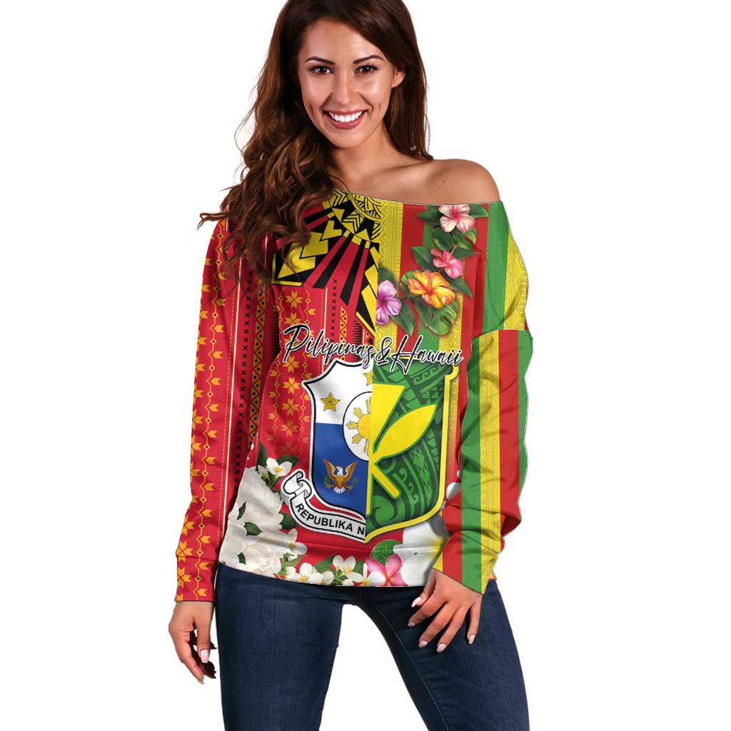 Personalised Hawaii and Philippines Together Off Shoulder Sweater The Emblems with Cultural Symbols Green-Yellow-Red Tricolor