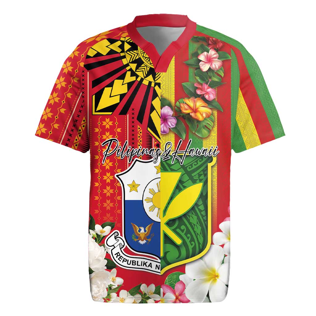 Personalised Hawaii and Philippines Together Rugby Jersey The Emblems with Cultural Symbols Green-Yellow-Red Tricolor LT03 Art - Polynesian Pride