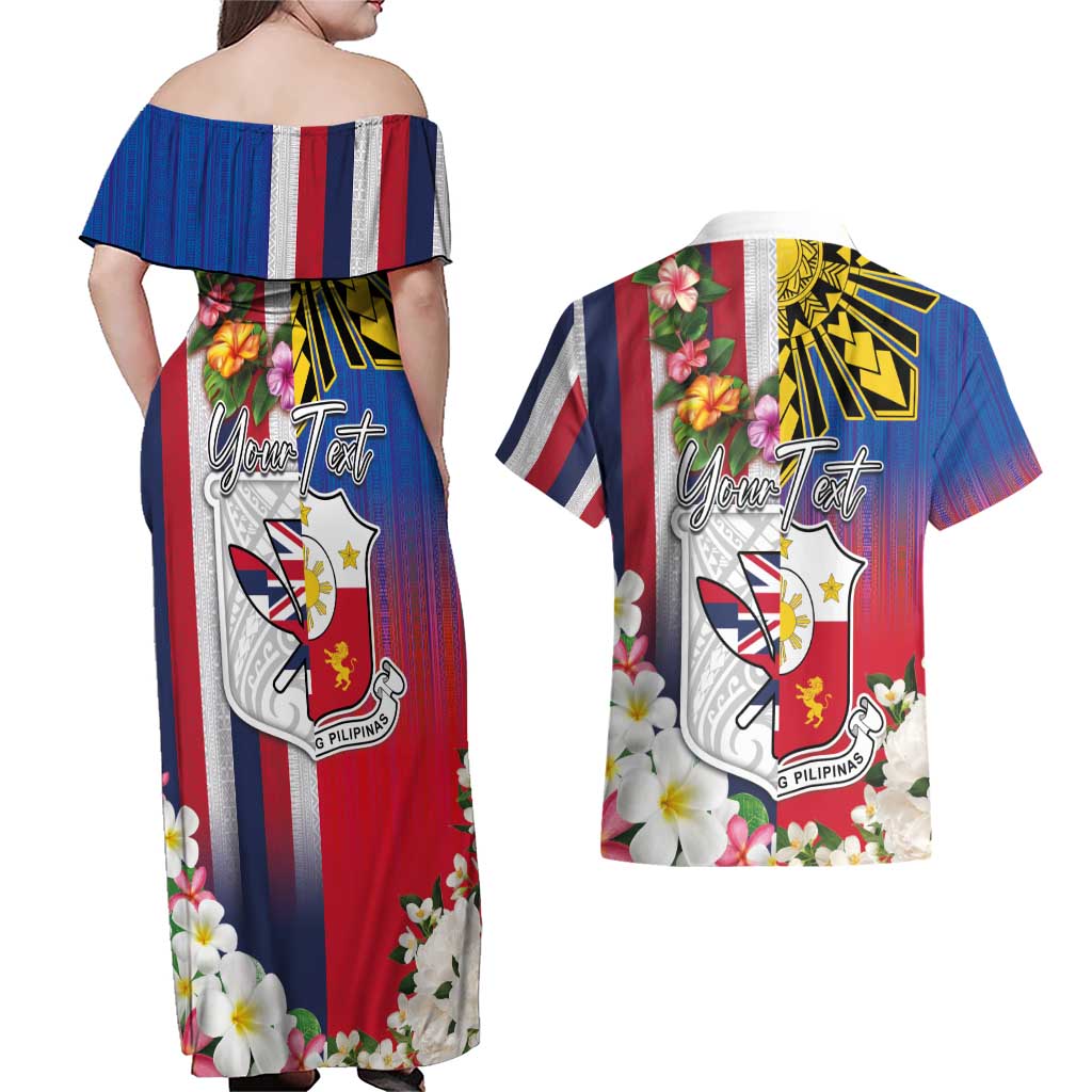 Personalised Hawaii and Philippines Together Couples Matching Off Shoulder Maxi Dress and Hawaiian Shirt The Emblems with Cultural Symbols Blue-White-Red Tricolor