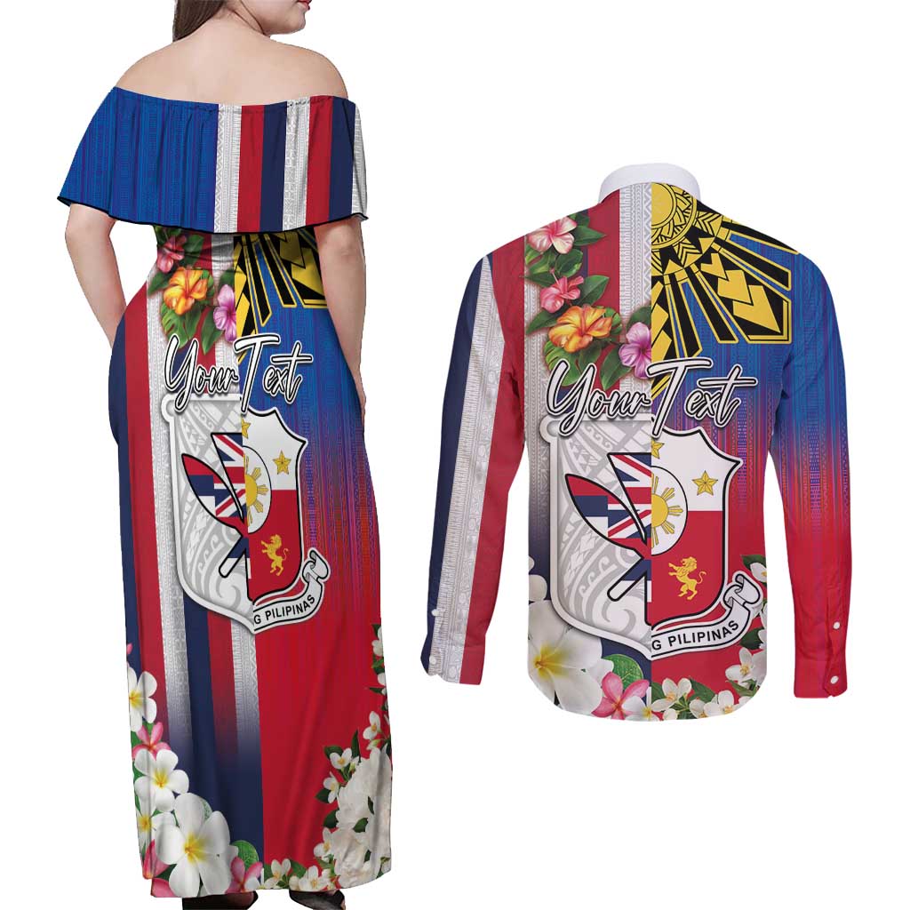Personalised Hawaii and Philippines Together Couples Matching Off Shoulder Maxi Dress and Long Sleeve Button Shirt The Emblems with Cultural Symbols Blue-White-Red Tricolor