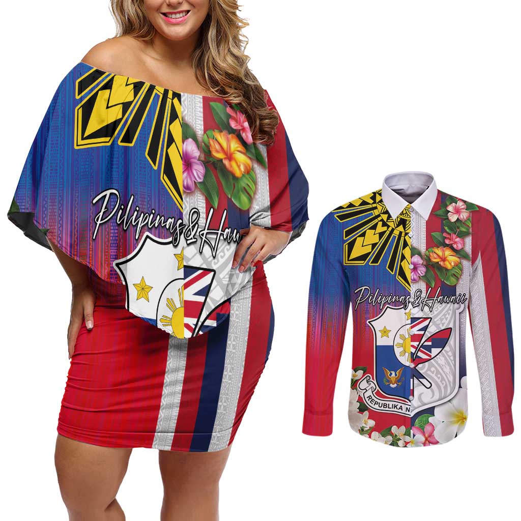 Personalised Hawaii and Philippines Together Couples Matching Off Shoulder Short Dress and Long Sleeve Button Shirt The Emblems with Cultural Symbols Blue-White-Red Tricolor