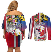 Personalised Hawaii and Philippines Together Couples Matching Off Shoulder Short Dress and Long Sleeve Button Shirt The Emblems with Cultural Symbols Blue-White-Red Tricolor