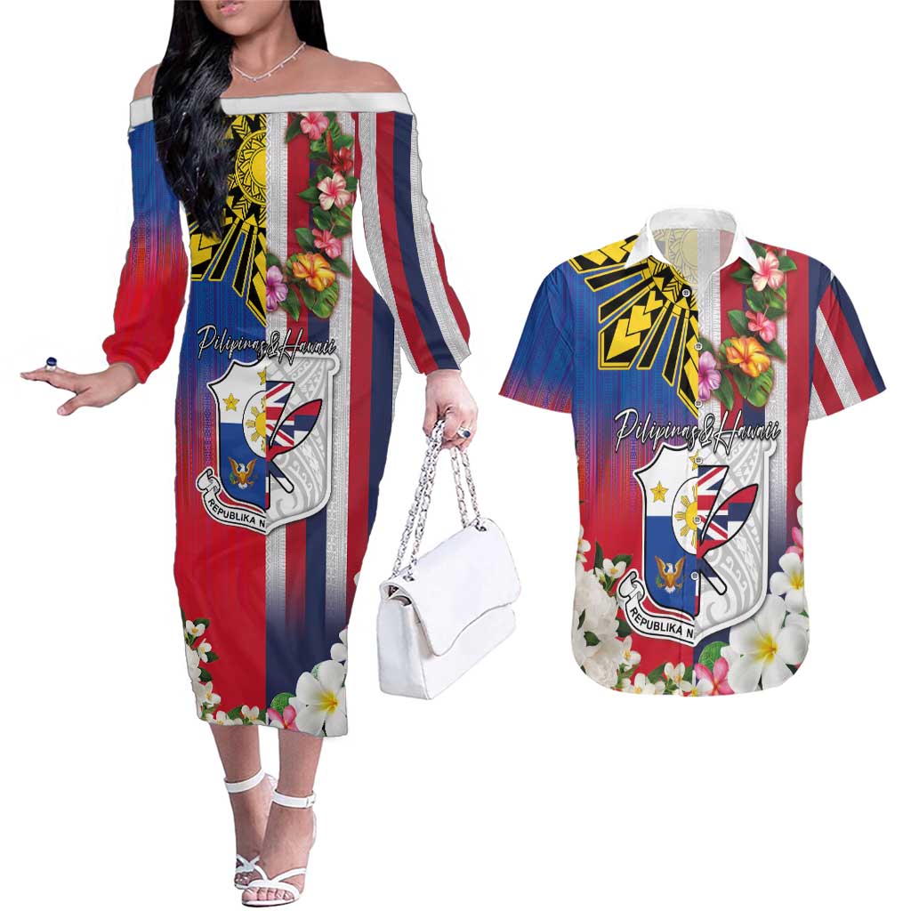 Personalised Hawaii and Philippines Together Couples Matching Off The Shoulder Long Sleeve Dress and Hawaiian Shirt The Emblems with Cultural Symbols Blue-White-Red Tricolor