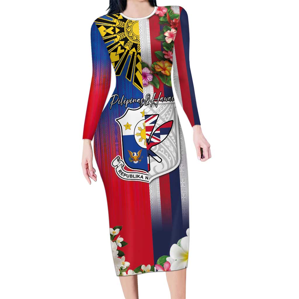 Personalised Hawaii and Philippines Together Family Matching Long Sleeve Bodycon Dress and Hawaiian Shirt The Emblems with Cultural Symbols Blue-White-Red Tricolor