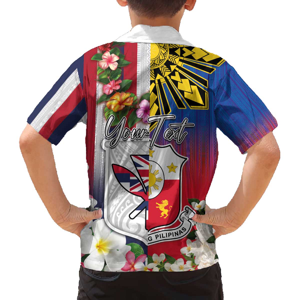 Personalised Hawaii and Philippines Together Family Matching Off The Shoulder Long Sleeve Dress and Hawaiian Shirt The Emblems with Cultural Symbols Blue-White-Red Tricolor