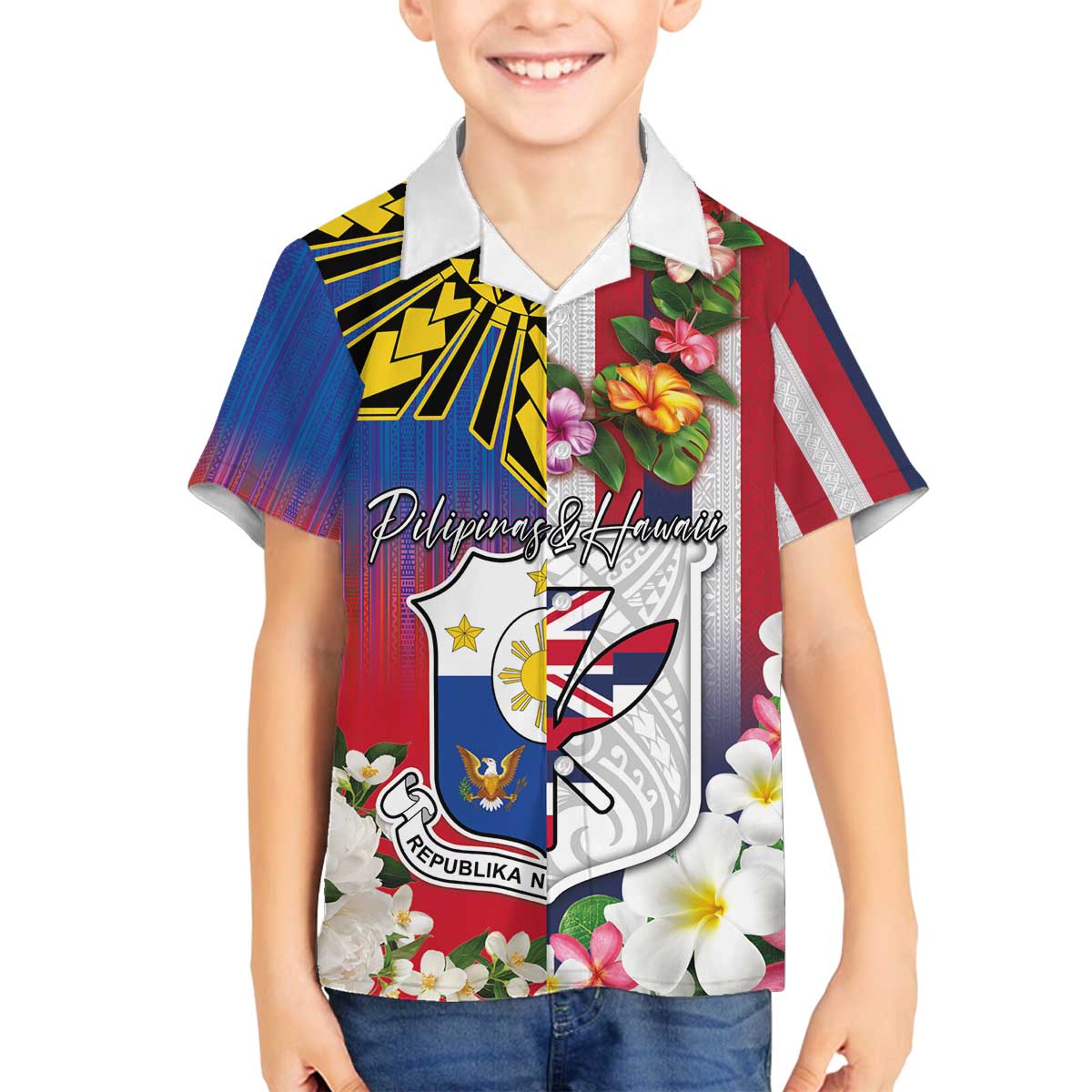 Personalised Hawaii and Philippines Together Family Matching Off The Shoulder Long Sleeve Dress and Hawaiian Shirt The Emblems with Cultural Symbols Blue-White-Red Tricolor