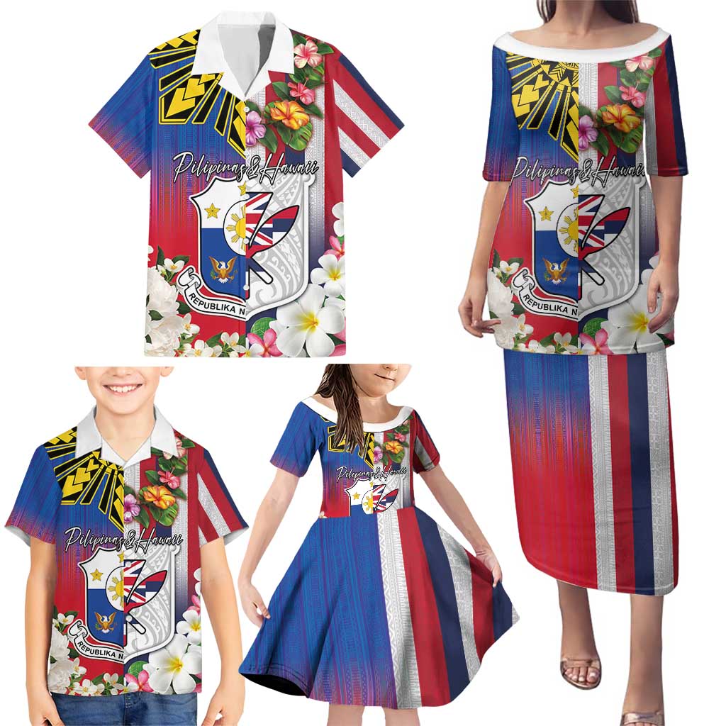 Personalised Hawaii and Philippines Together Family Matching Puletasi and Hawaiian Shirt The Emblems with Cultural Symbols Blue-White-Red Tricolor