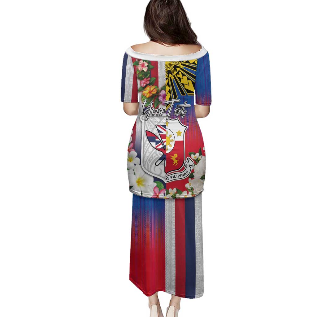Personalised Hawaii and Philippines Together Family Matching Puletasi and Hawaiian Shirt The Emblems with Cultural Symbols Blue-White-Red Tricolor