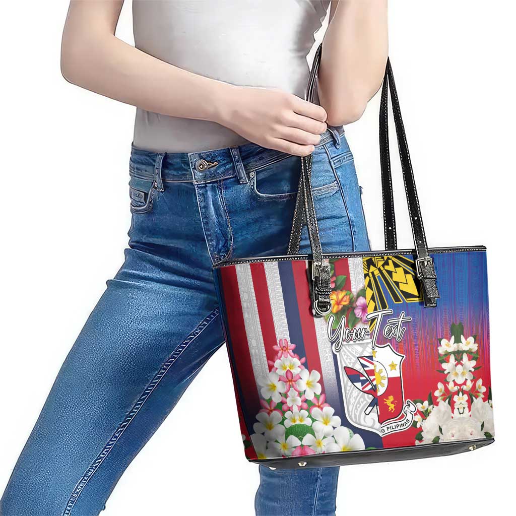 Personalised Hawaii and Philippines Together Leather Tote Bag The Emblems with Cultural Symbols Blue-White-Red Tricolor