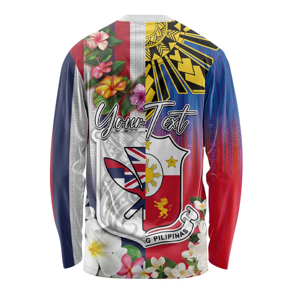 Personalised Hawaii and Philippines Together Long Sleeve Shirt The Emblems with Cultural Symbols Blue-White-Red Tricolor