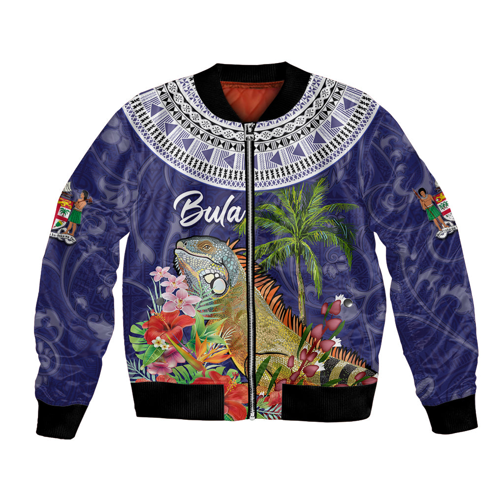 Bula Fiji Crested Iguana Bomber Jacket Tagimaucia Tapa Tribal Blue Color LT03 Unisex Blue - Polynesian Pride
