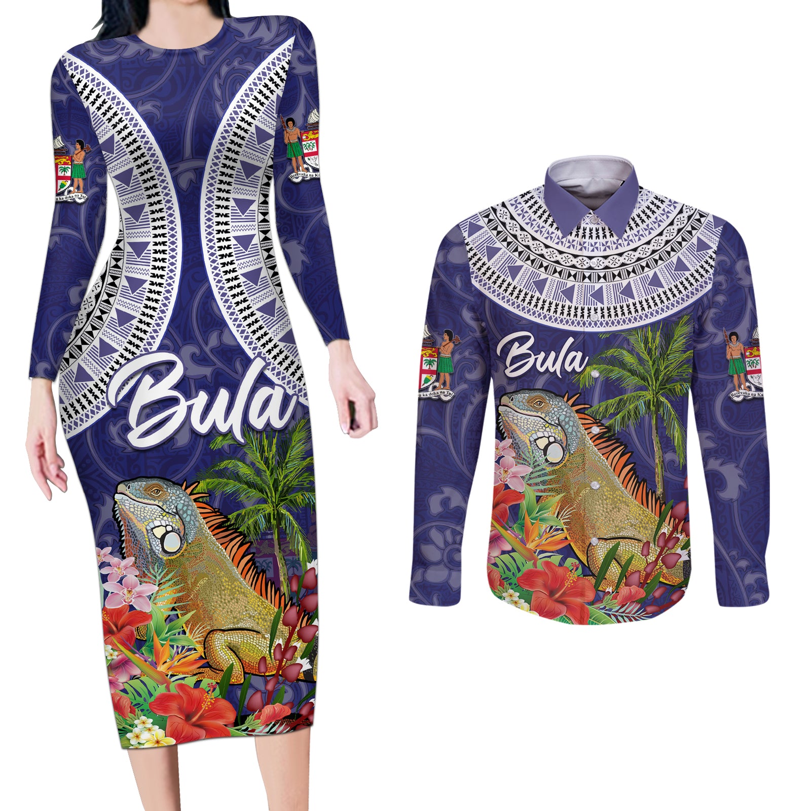 Bula Fiji Crested Iguana Couples Matching Long Sleeve Bodycon Dress and Long Sleeve Button Shirt Tagimaucia Tapa Tribal Blue Color LT03 Blue - Polynesian Pride