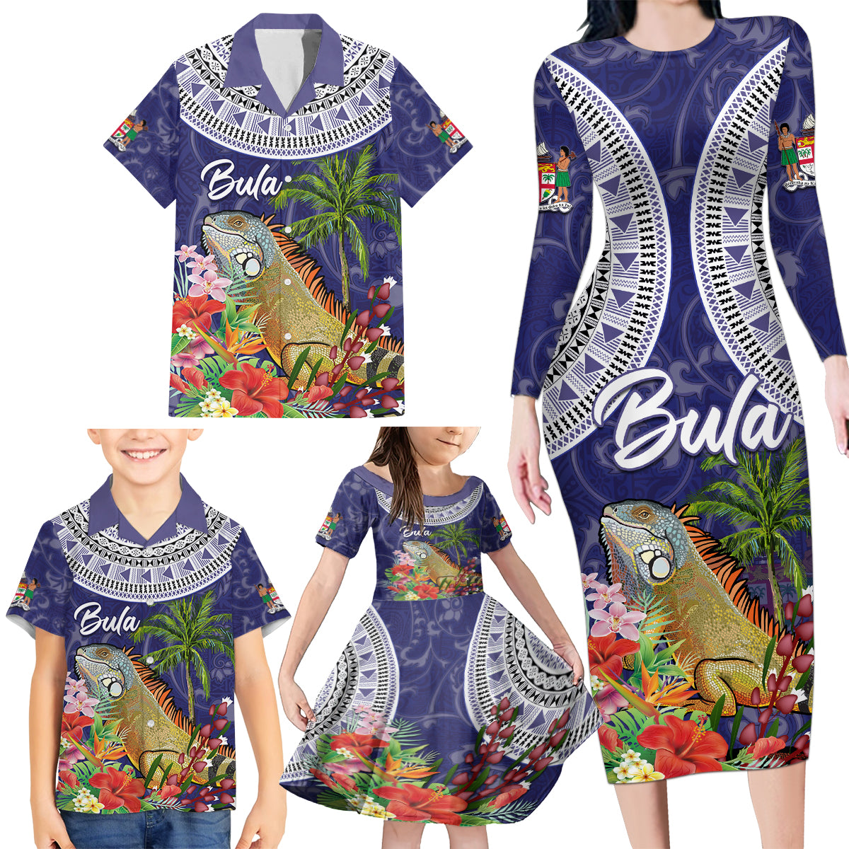 Bula Fiji Crested Iguana Family Matching Long Sleeve Bodycon Dress and Hawaiian Shirt Tagimaucia Tapa Tribal Blue Color LT03 - Polynesian Pride