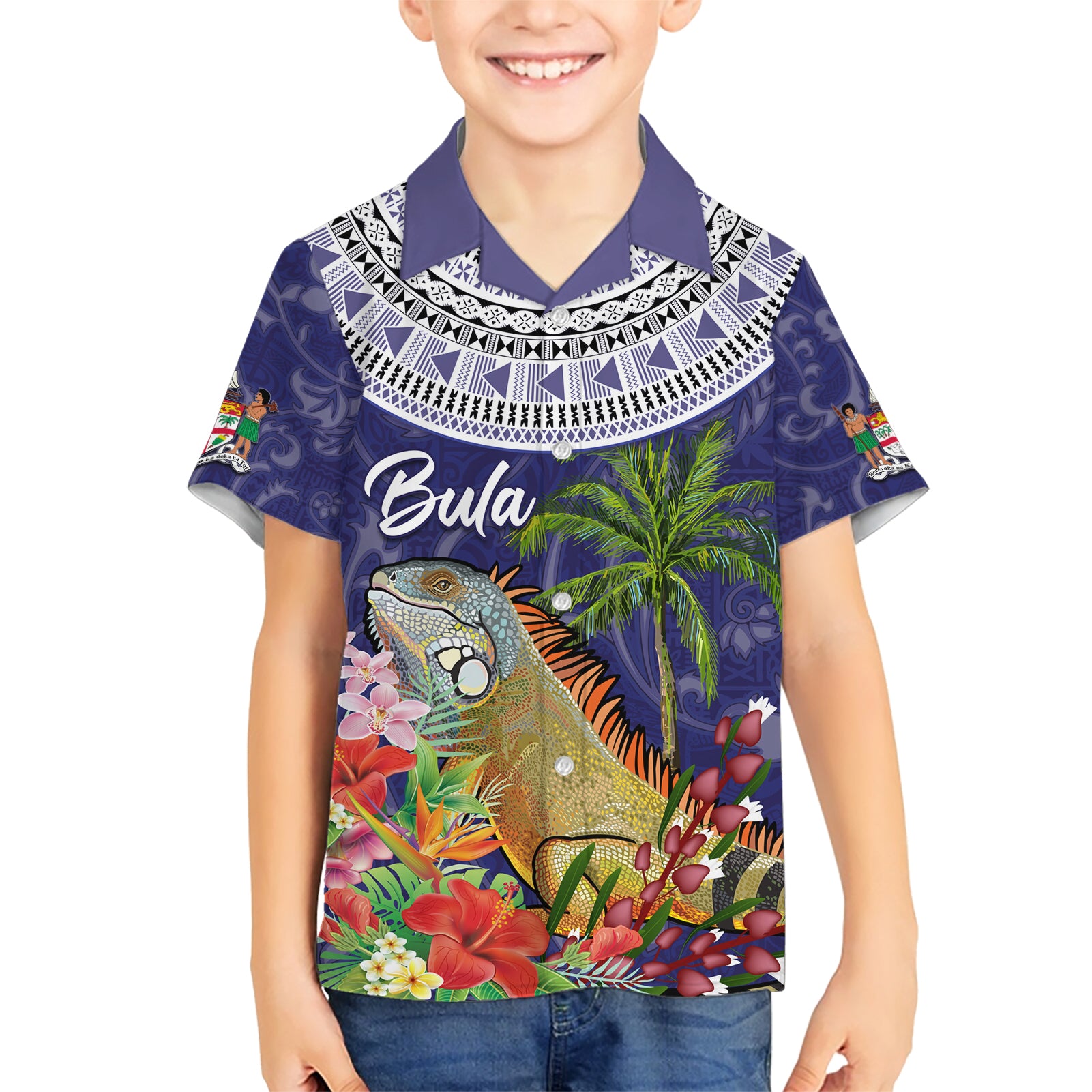 Bula Fiji Crested Iguana Kid Hawaiian Shirt Tagimaucia Tapa Tribal Blue Color LT03 Kid Blue - Polynesian Pride