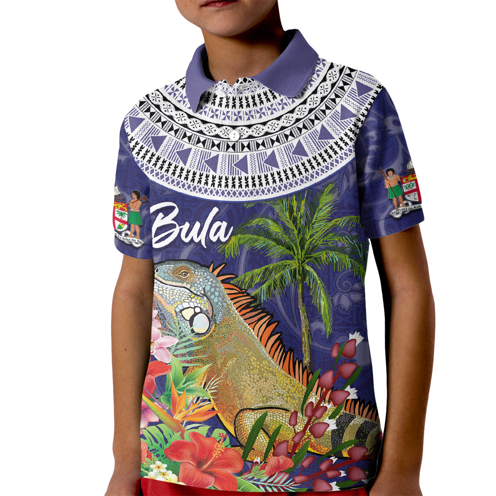 Bula Fiji Crested Iguana Kid Polo Shirt Tagimaucia Tapa Tribal Blue Color LT03 Kid Blue - Polynesian Pride