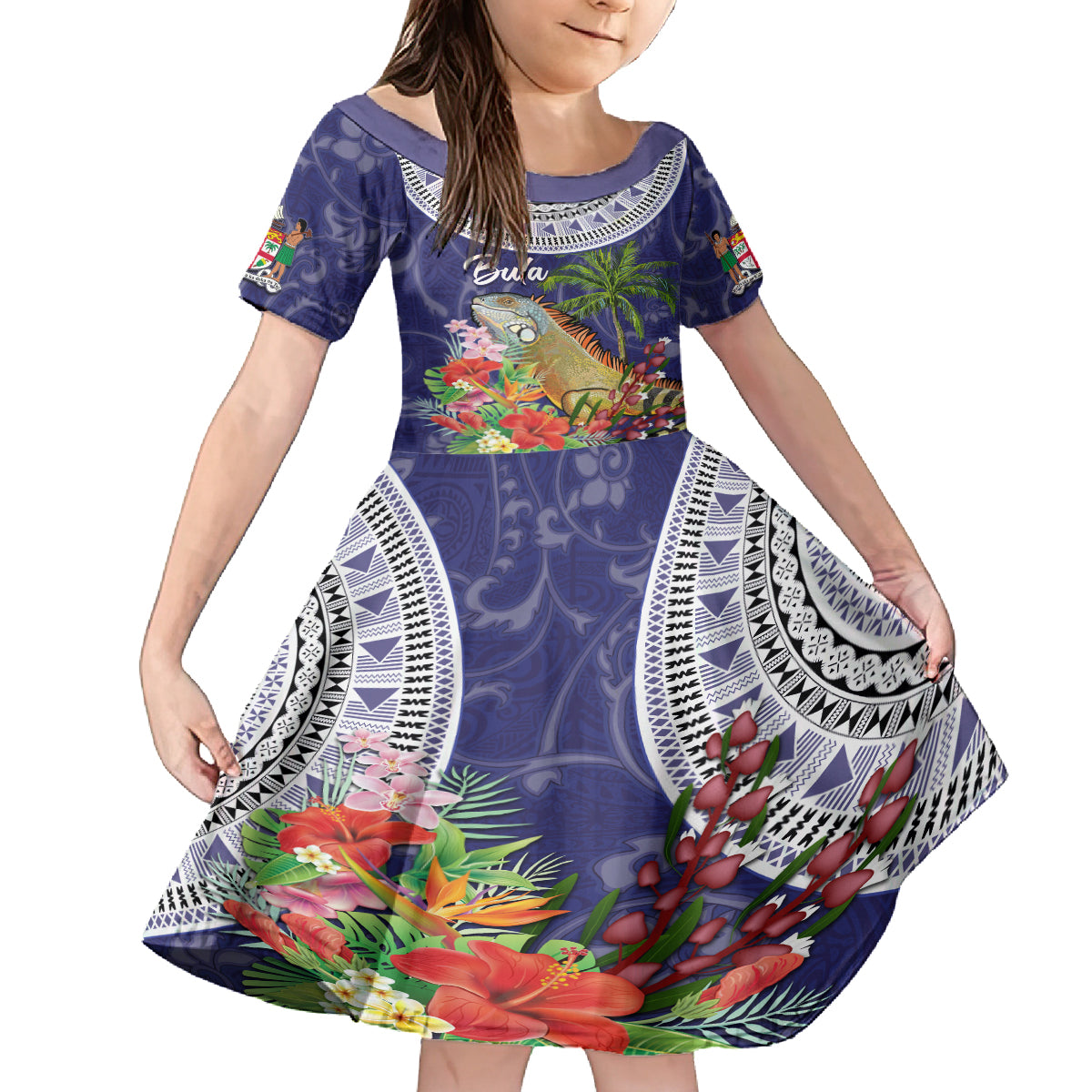 Bula Fiji Crested Iguana Kid Short Sleeve Dress Tagimaucia Tapa Tribal Blue Color LT03 KID Blue - Polynesian Pride