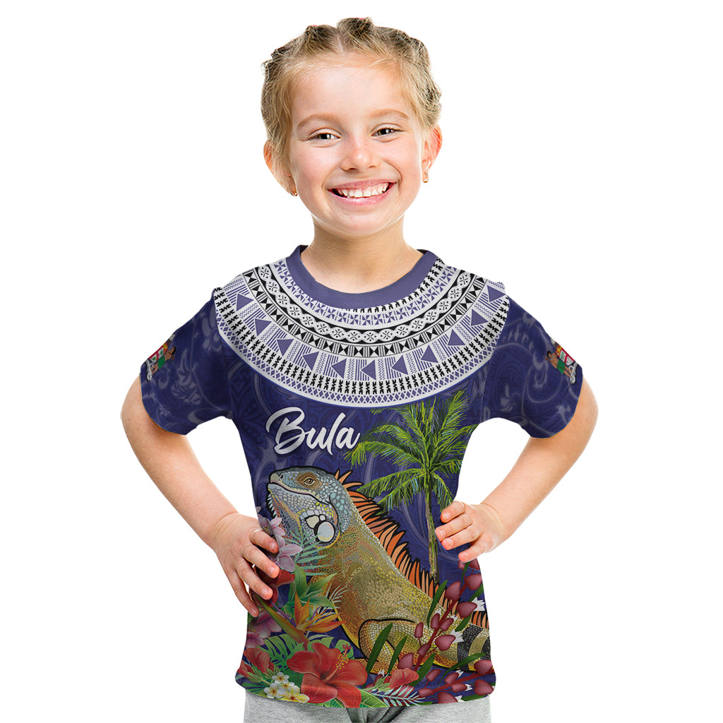 Bula Fiji Crested Iguana Kid T Shirt Tagimaucia Tapa Tribal Blue Color LT03 Blue - Polynesian Pride