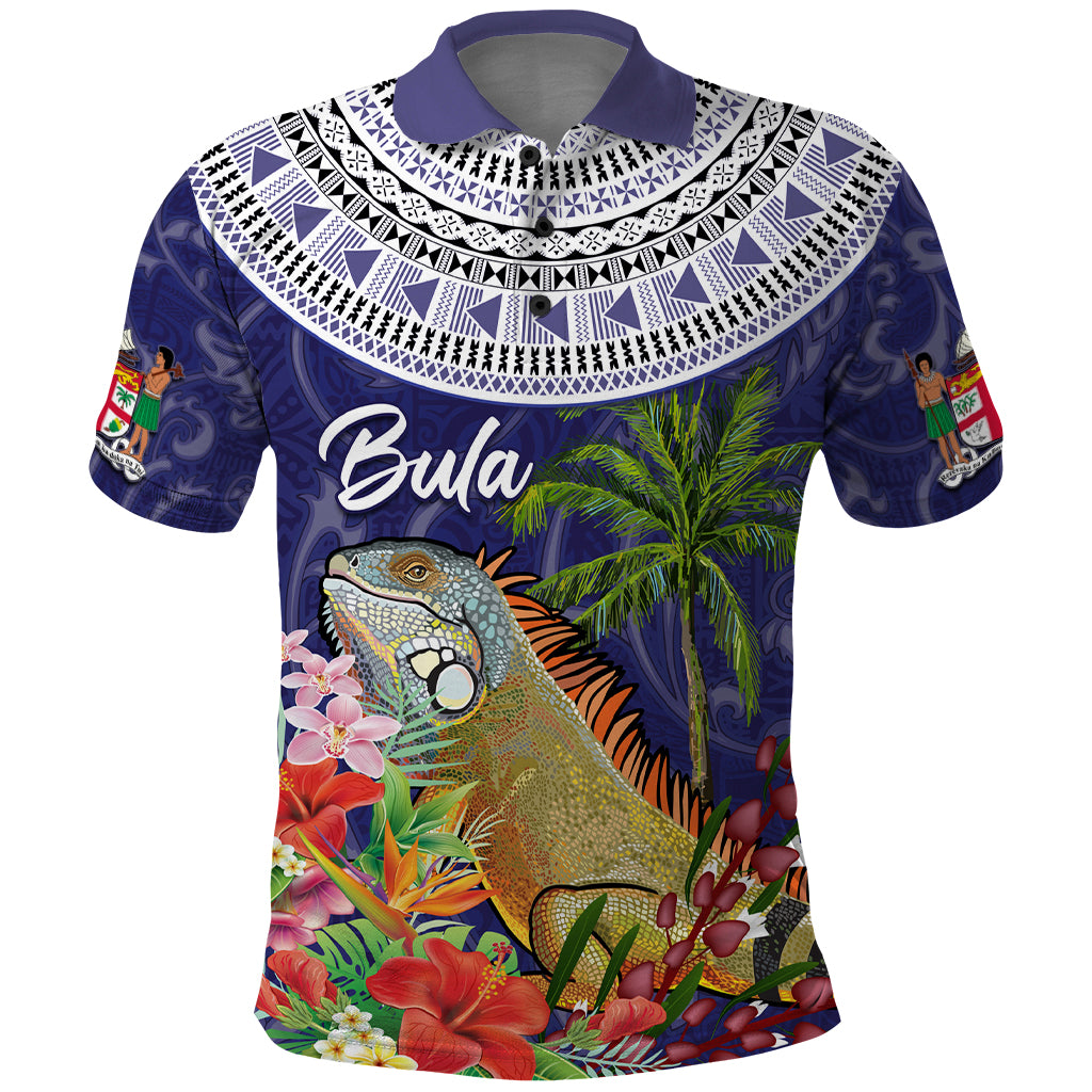 Bula Fiji Crested Iguana Polo Shirt Tagimaucia Tapa Tribal Blue Color LT03 Blue - Polynesian Pride