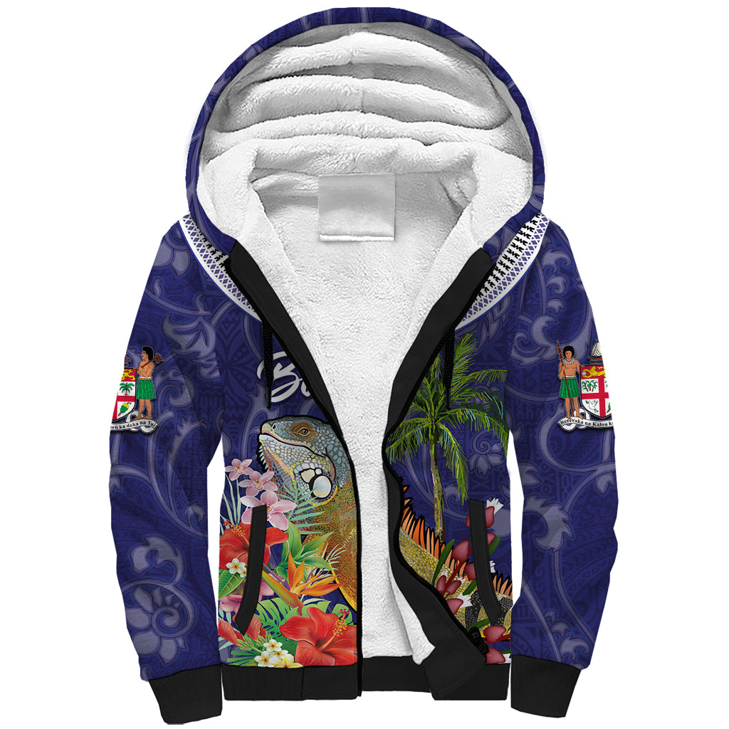 Bula Fiji Crested Iguana Sherpa Hoodie Tagimaucia Tapa Tribal Blue Color LT03 Unisex Blue - Polynesian Pride