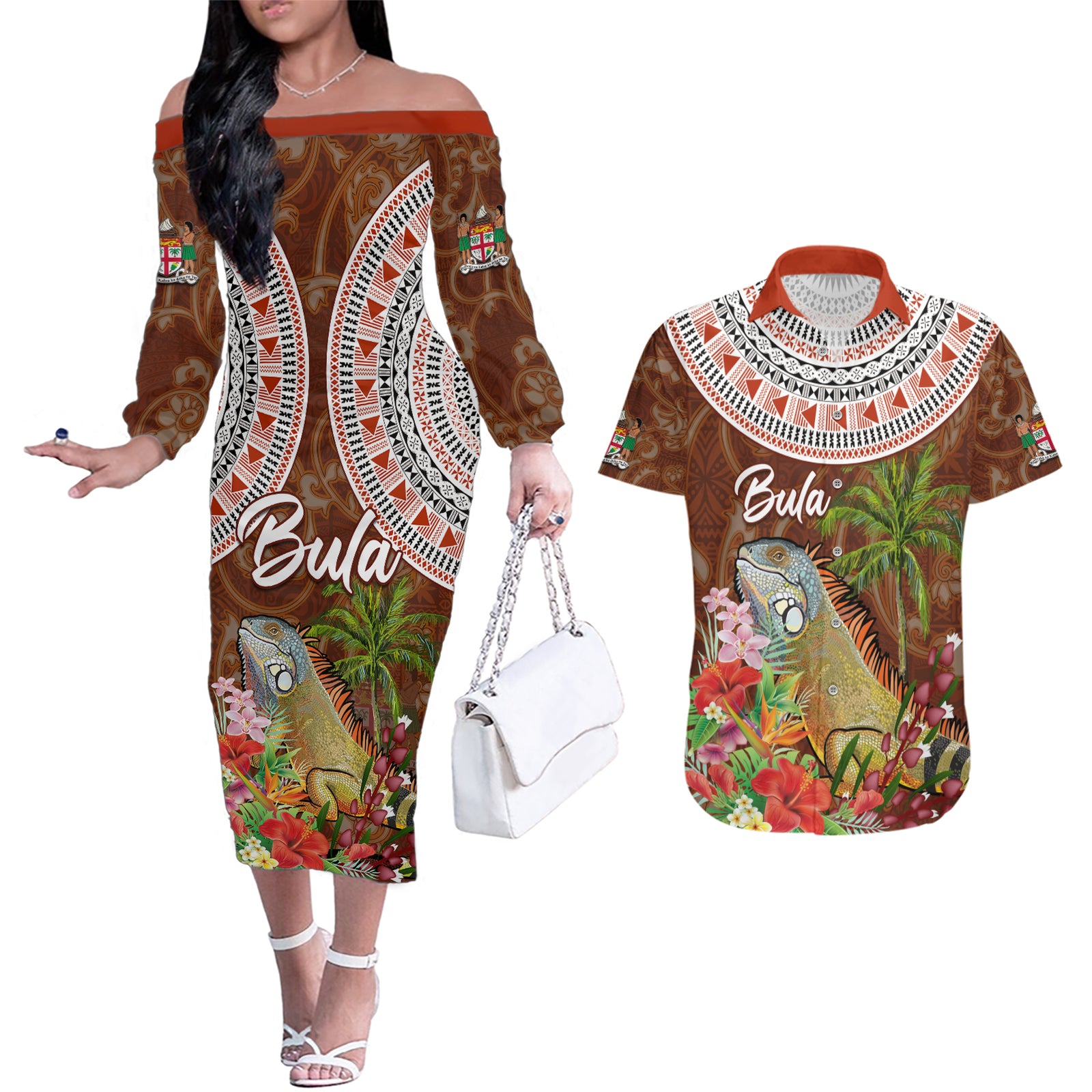 Bula Fiji Crested Iguana Couples Matching Off The Shoulder Long Sleeve Dress and Hawaiian Shirt Tagimaucia Tapa Tribal Brown Color LT03 Brown - Polynesian Pride