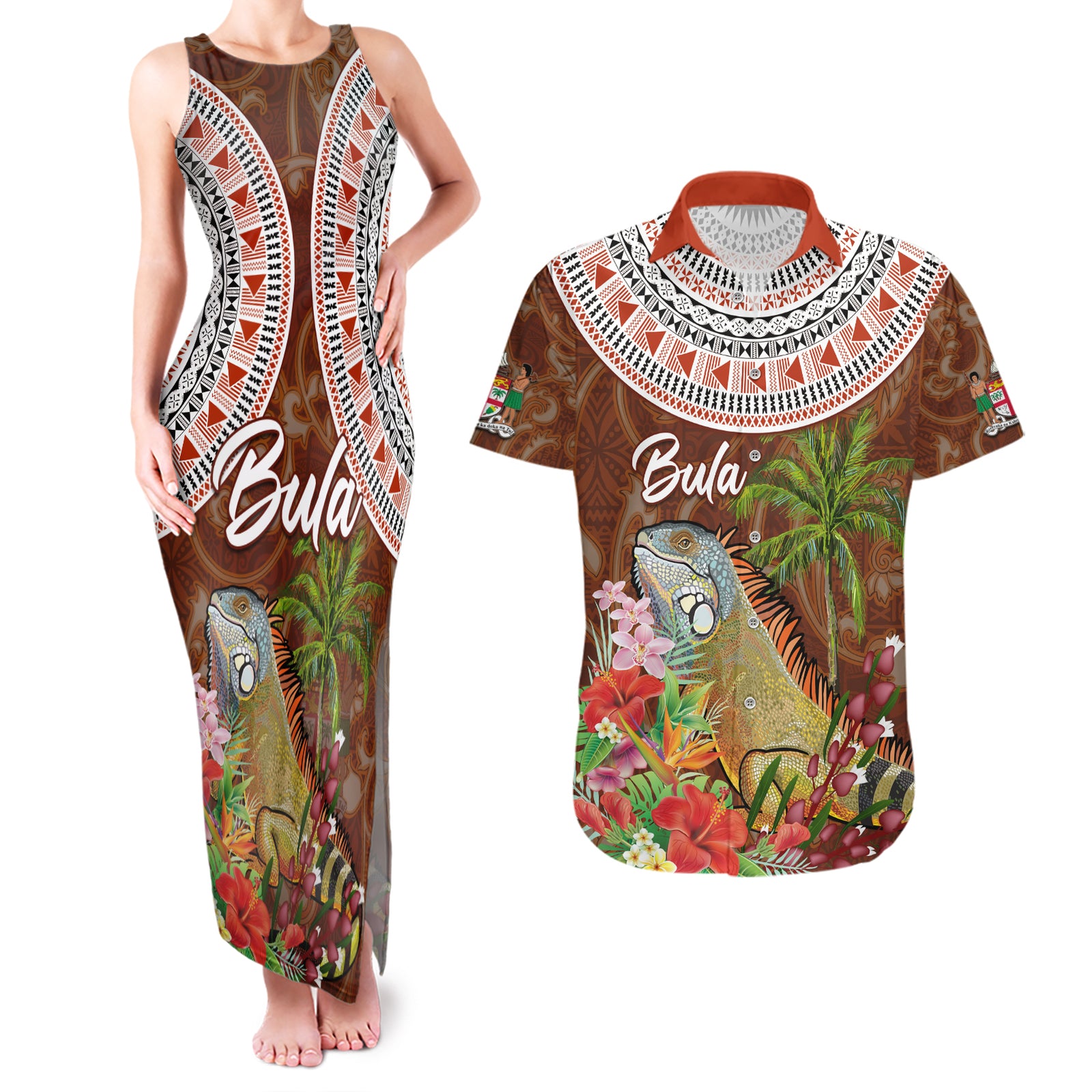 Bula Fiji Crested Iguana Couples Matching Tank Maxi Dress and Hawaiian Shirt Tagimaucia Tapa Tribal Brown Color LT03 Brown - Polynesian Pride