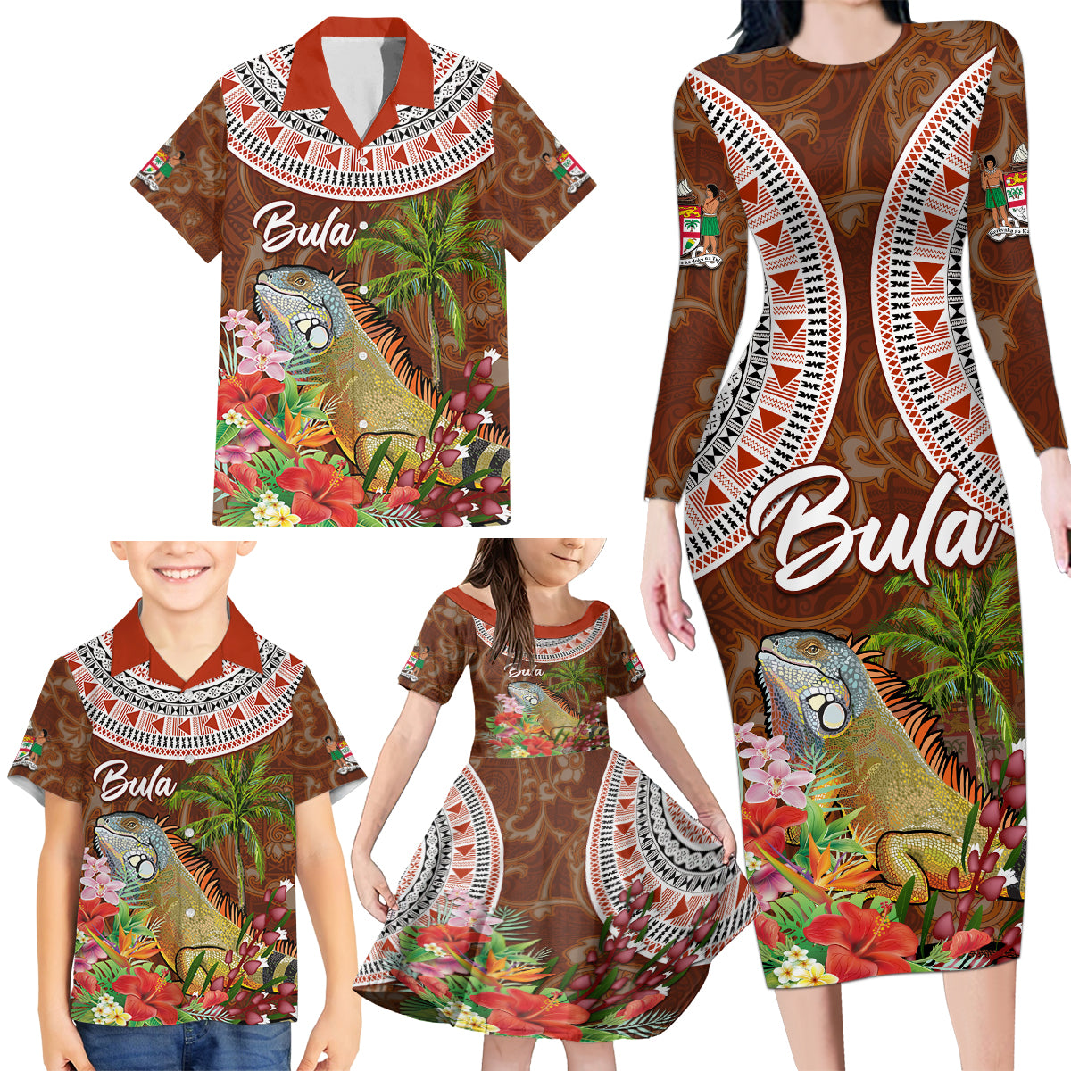 Bula Fiji Crested Iguana Family Matching Long Sleeve Bodycon Dress and Hawaiian Shirt Tagimaucia Tapa Tribal Brown Color LT03 - Polynesian Pride