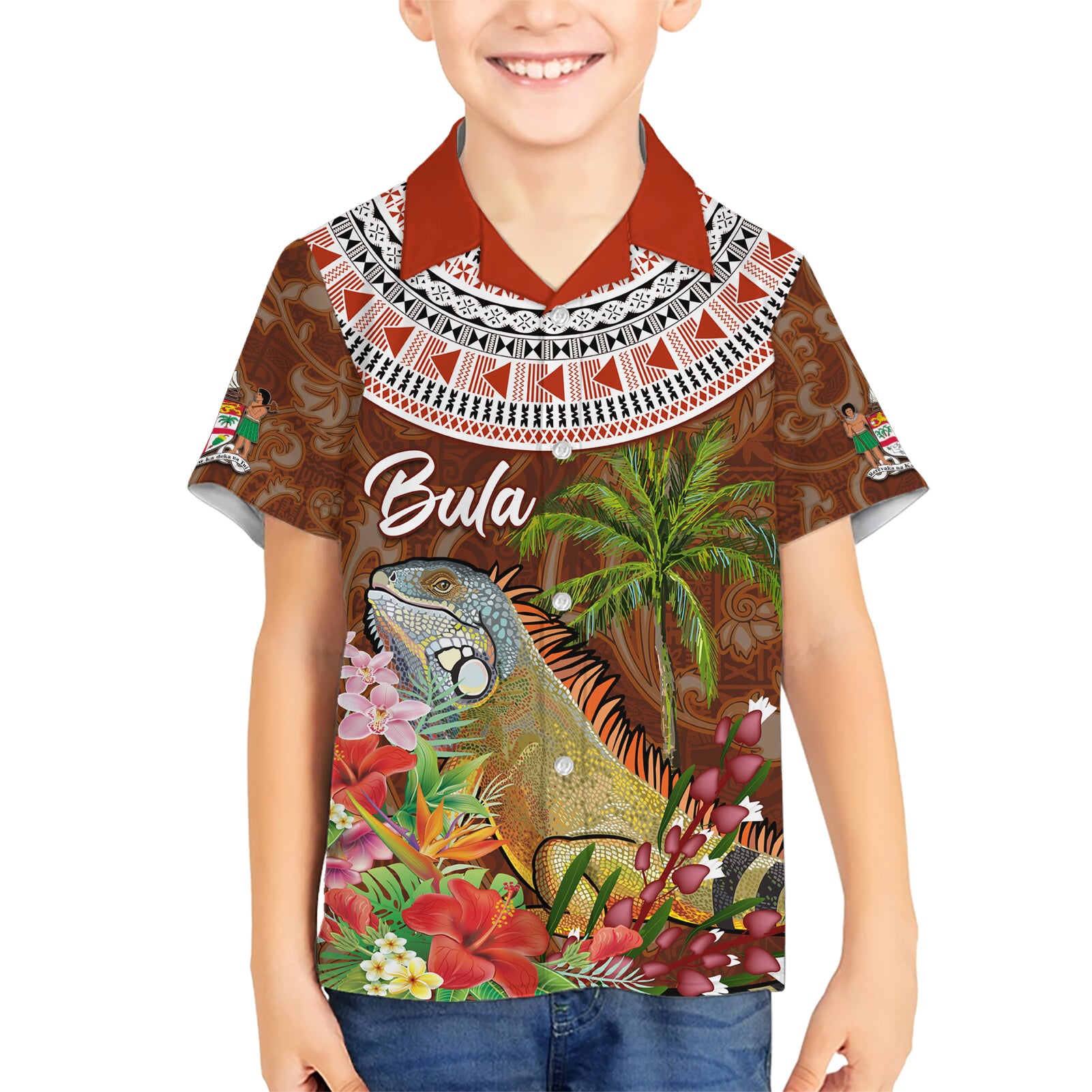 Bula Fiji Crested Iguana Kid Hawaiian Shirt Tagimaucia Tapa Tribal Brown Color LT03 Kid Brown - Polynesian Pride