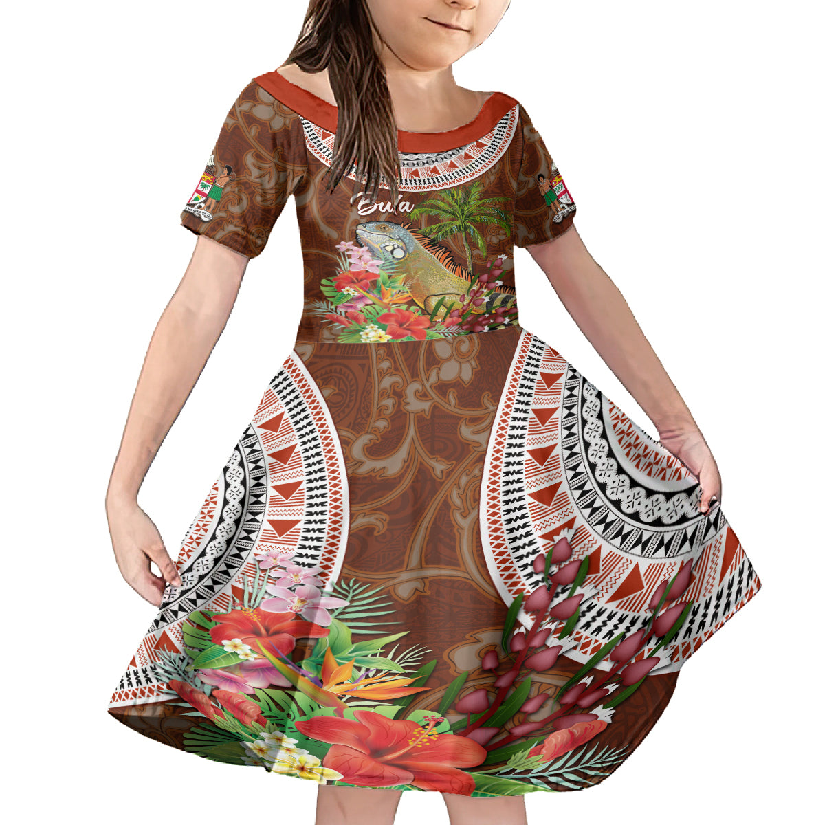 Bula Fiji Crested Iguana Kid Short Sleeve Dress Tagimaucia Tapa Tribal Brown Color LT03 KID Brown - Polynesian Pride