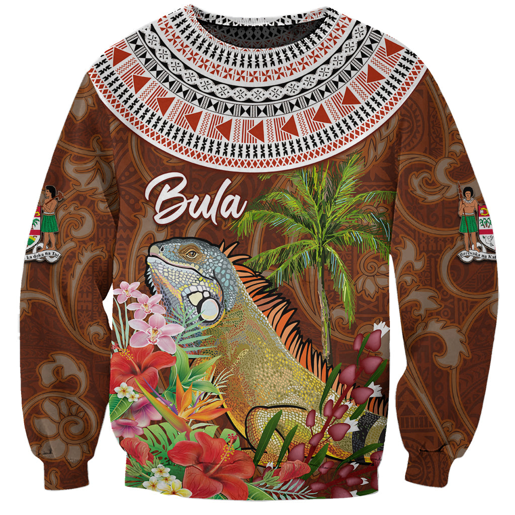 Bula Fiji Crested Iguana Sweatshirt Tagimaucia Tapa Tribal Brown Color LT03 Unisex Brown - Polynesian Pride