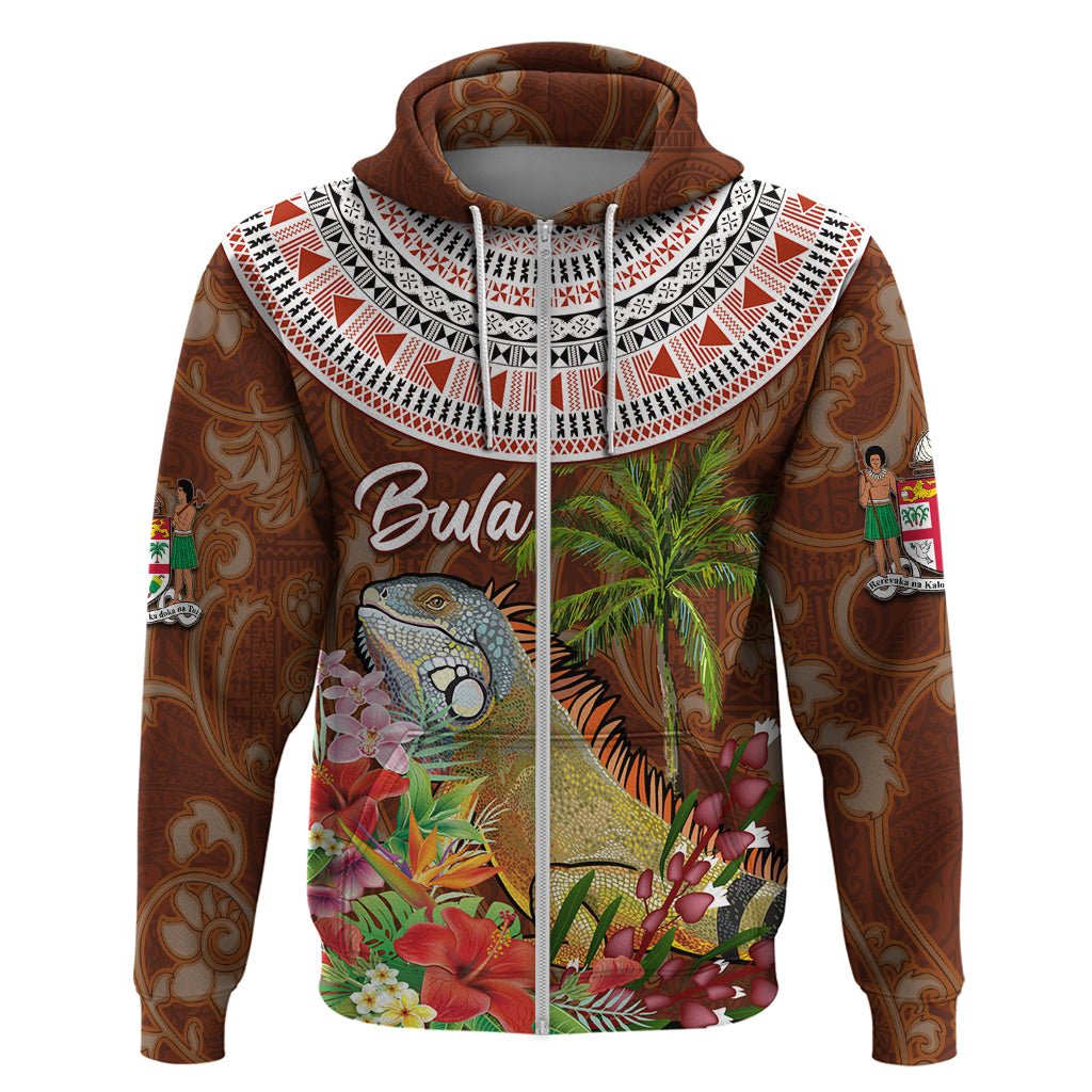Bula Fiji Crested Iguana Zip Hoodie Tagimaucia Tapa Tribal Brown Color LT03 Zip Hoodie Brown - Polynesian Pride