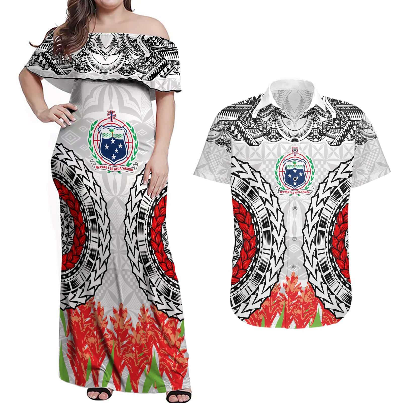 Samoa Siapo Ula Fala Couples Matching Off Shoulder Maxi Dress and Hawaiian Shirt With Ginger Plant White Color LT03 White - Polynesian Pride